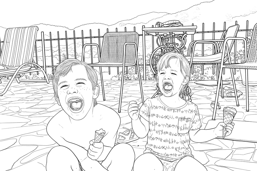 Colouring page of two children enjoying ice creams on holiday