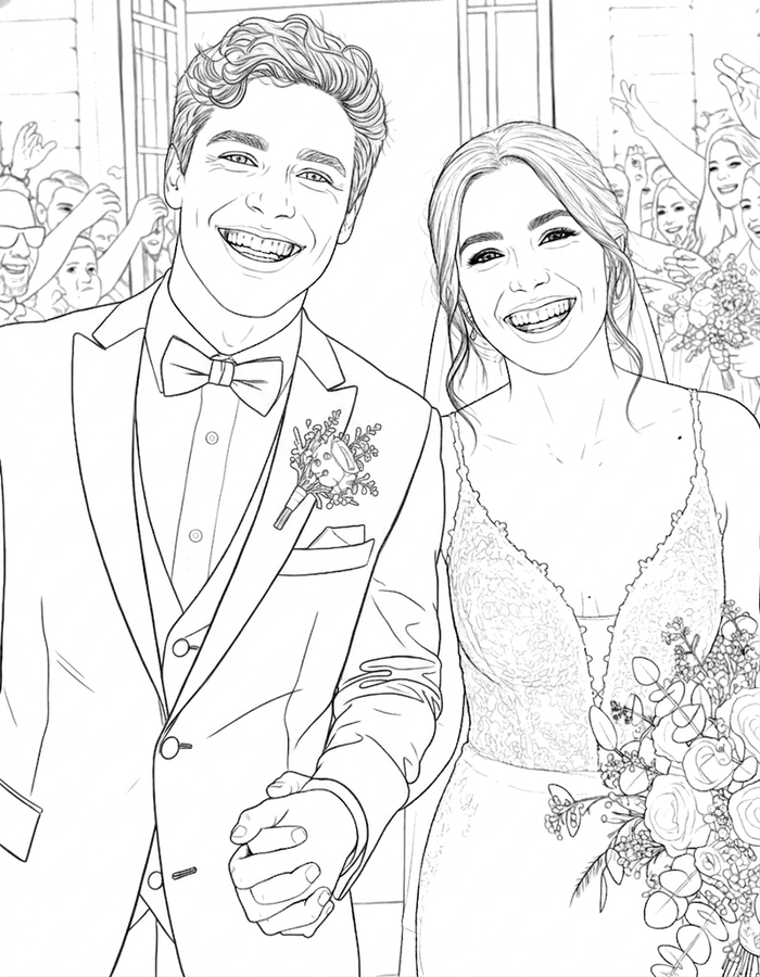 Colouring page of a bride and groom