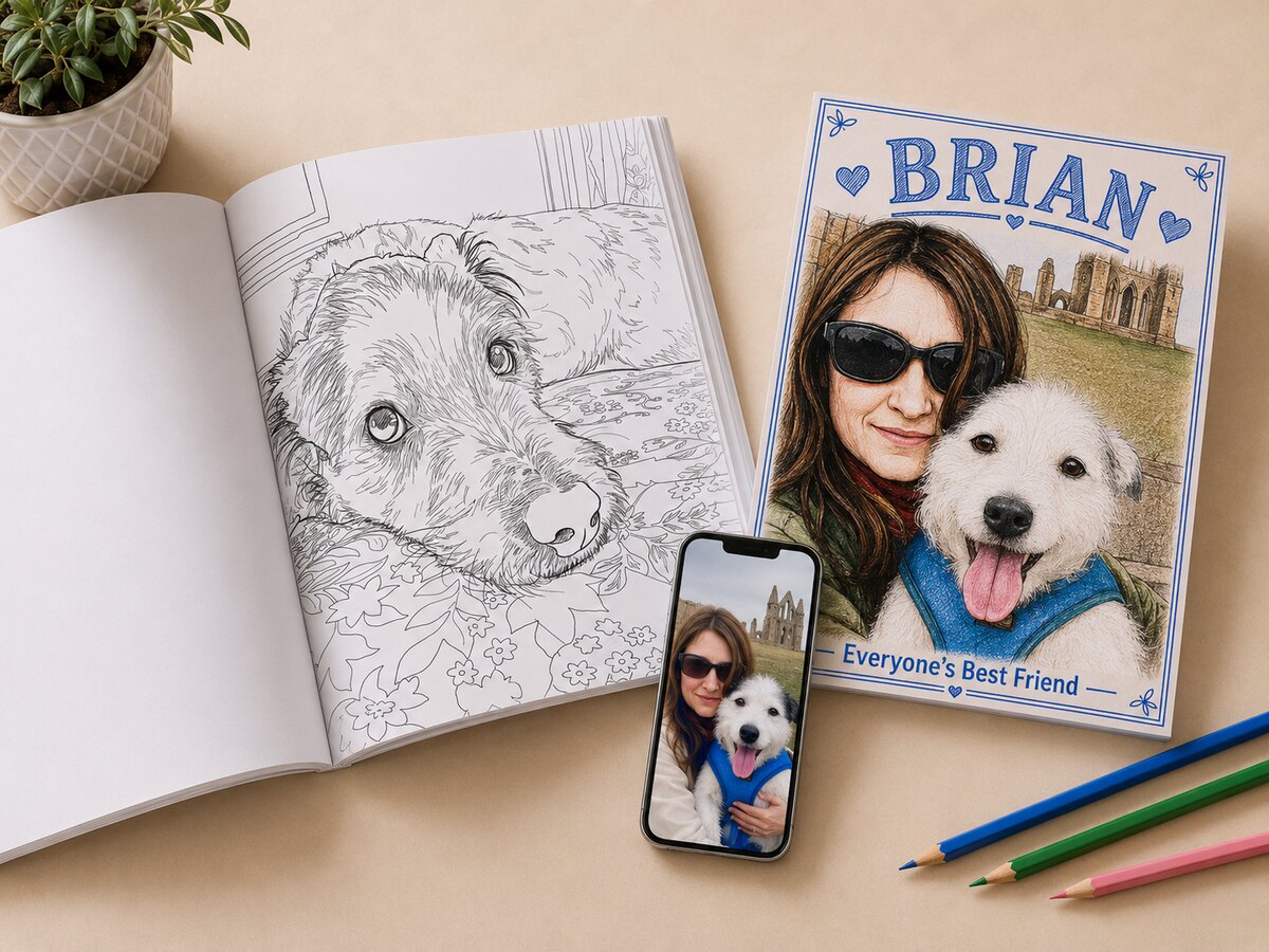 Personalised Pic Books colouring book open to a page of a much-loved dog