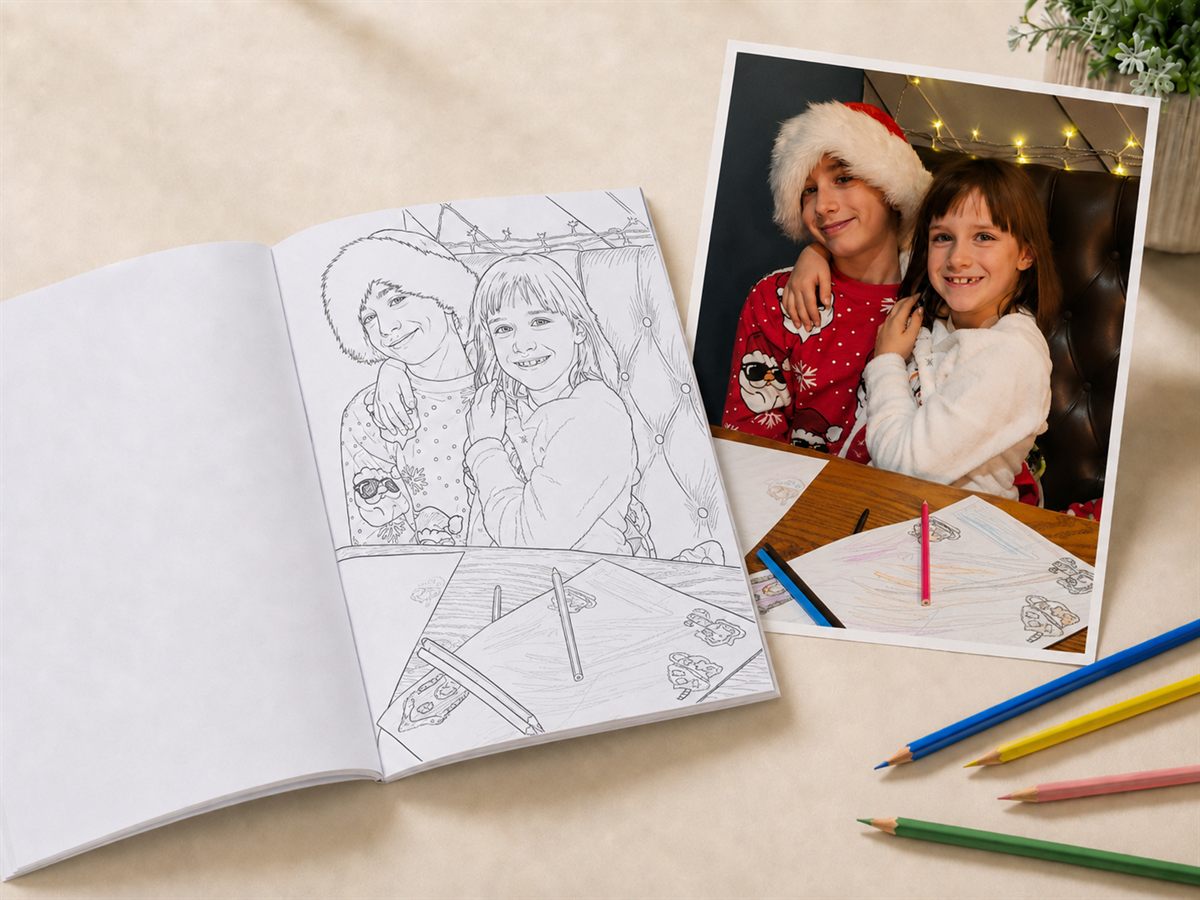 Two children colouring in a personalised PicBooks colouring book made from a photo of themselves